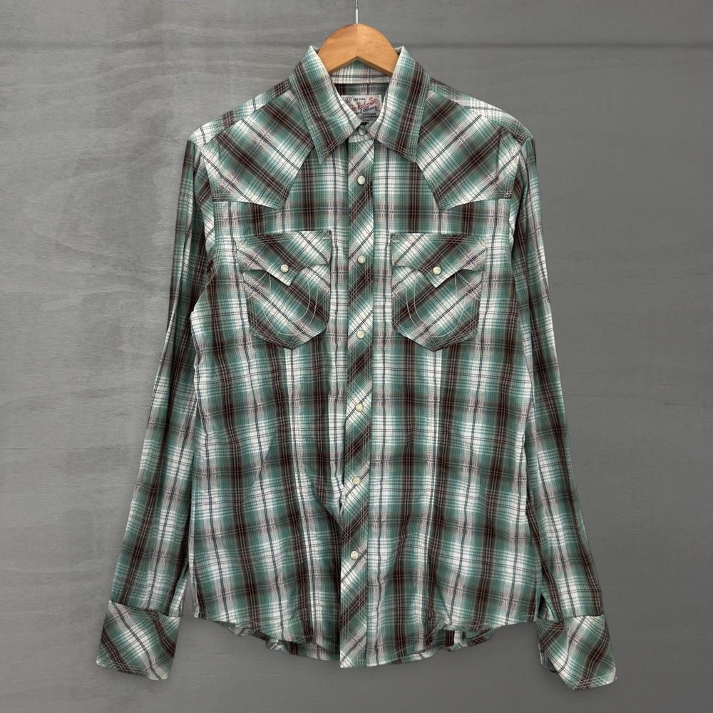 True Religion Western Pearl Snap Shirt Green Brown Plaid Long Sleeve Medium